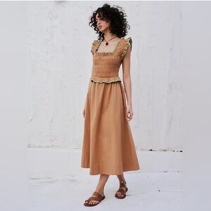 Free People Tan Midi Dress with Green Trim